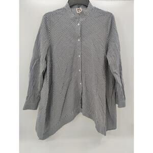ANNE KLEIN Blouse Womens Size 10 Navy & White Gingham Asymmetrical Draped Modern